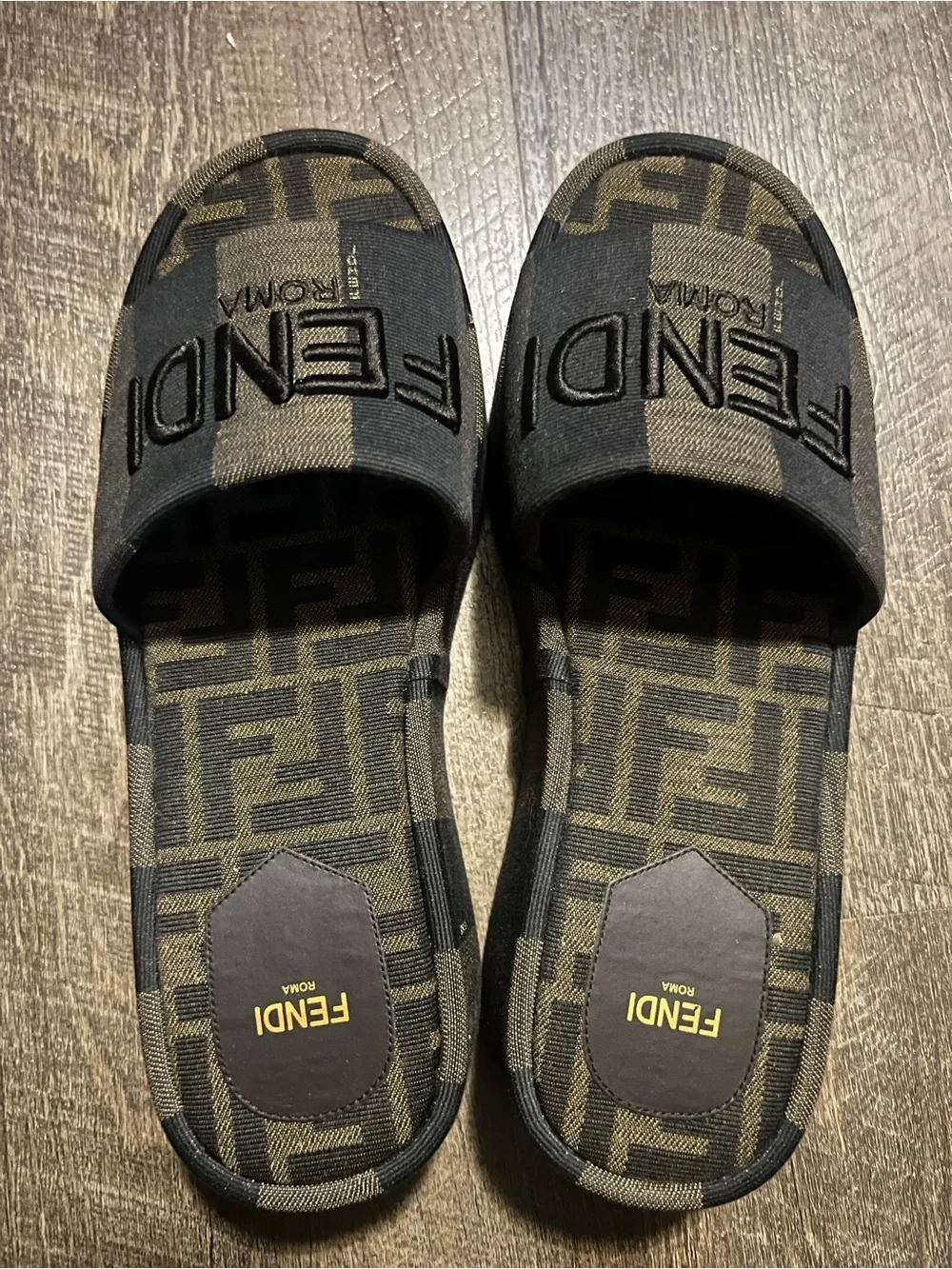 Fendi Brown and Dark Brown FF Logo Slide Sandals